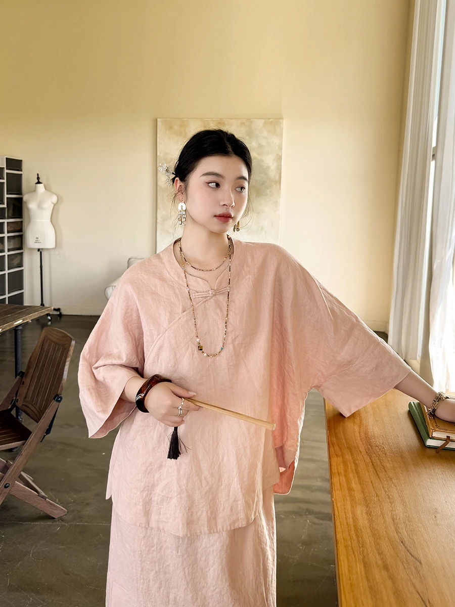 

Pure Linen Chinese Sle irt Slit Design Loose Fit Button Detail Women's Summer Faion Breathable Casual Top Small irt