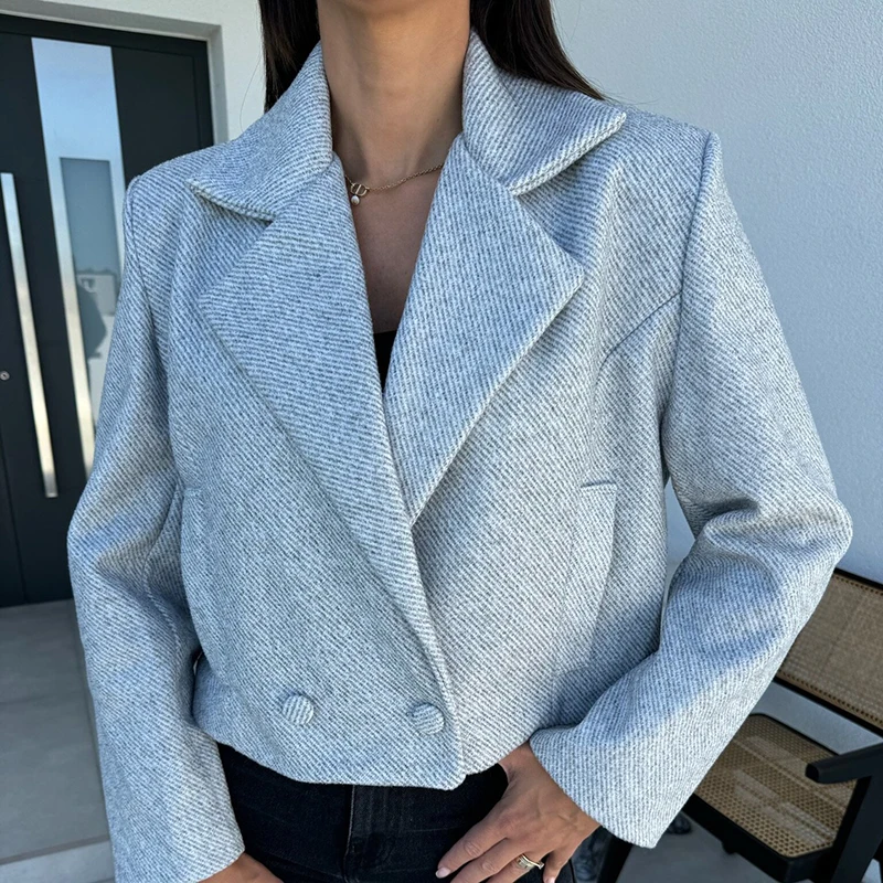 

Fashion Lapel Double Breasted Temperament Blazer Jacket Elegan Short Solid Color Outwear Office Casual Long Sleeve Pocket Coats