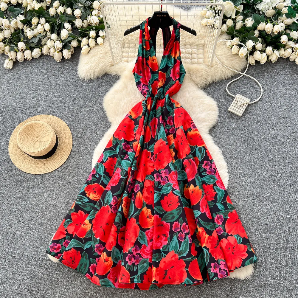 

Woemn Dress Long Dresses Halter Tight Waist Vestidos Sexy Y2k Streetwear Print Floral Sleeveless Elegant Party Night Work 2026
