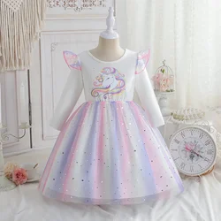 2024 Girls Long Sleeve Unicorn Birthday Dress Casual Children's Wear Rainbow Princess Skirt Sequins Mesh Gown