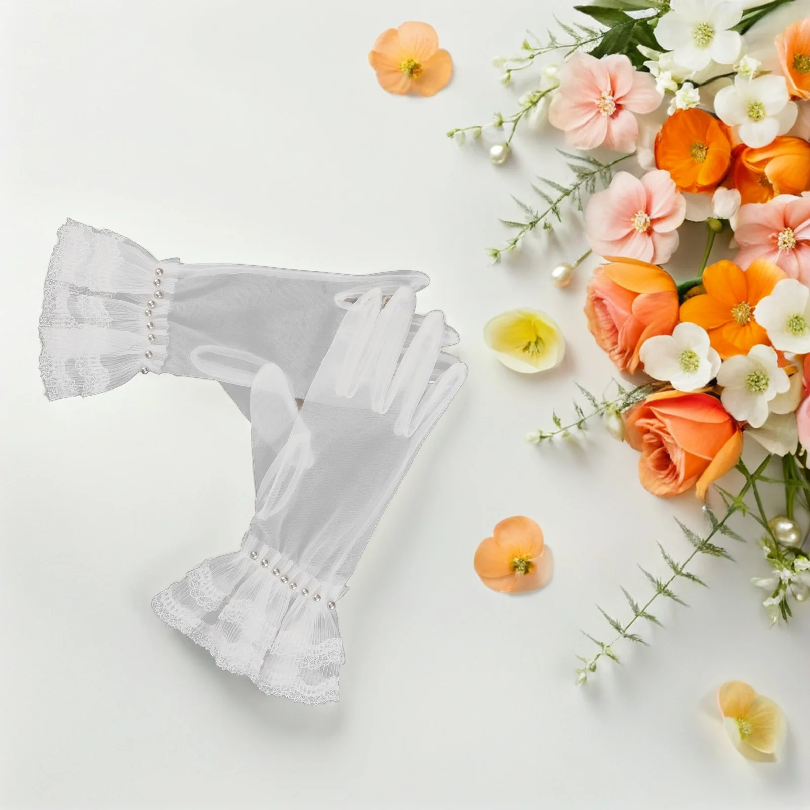

1Pair White Short Lace Gloves Pearl Decoration Breathable Mesh Elegant Wedding Tea Party Prom Banquet Costume Accessories