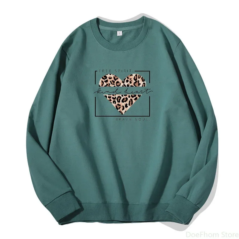 Spring Autumn Women Clothes Fashion Pullovers New Leopard Heart-shaped Sweatshirt Girl Pure Cotton Hoodies Long Sleeve Tops