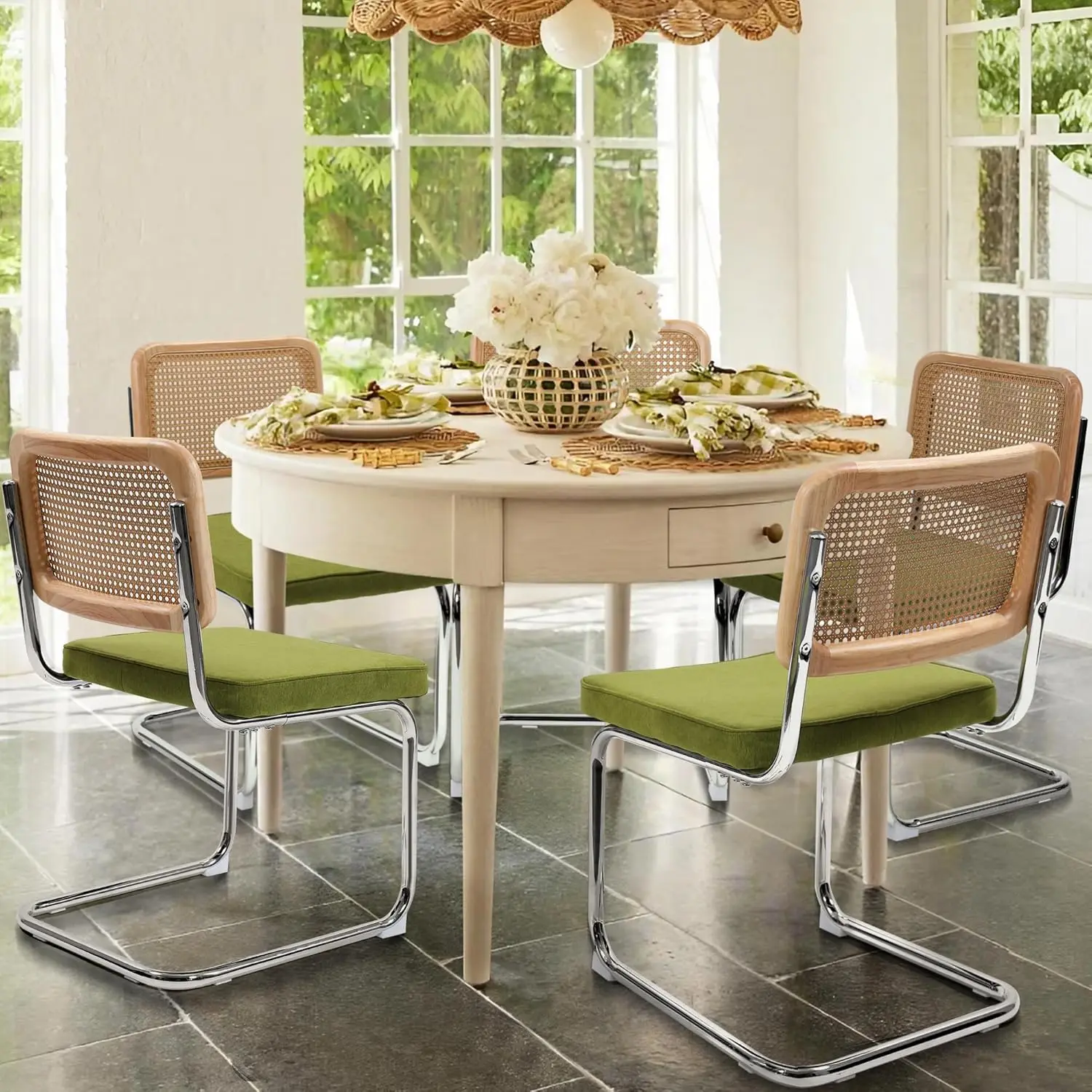 Mid Century Rattan Dining Chairs Set of 4 Kitchen Polished Chrome Frame Upholstered Seat Green, Customized