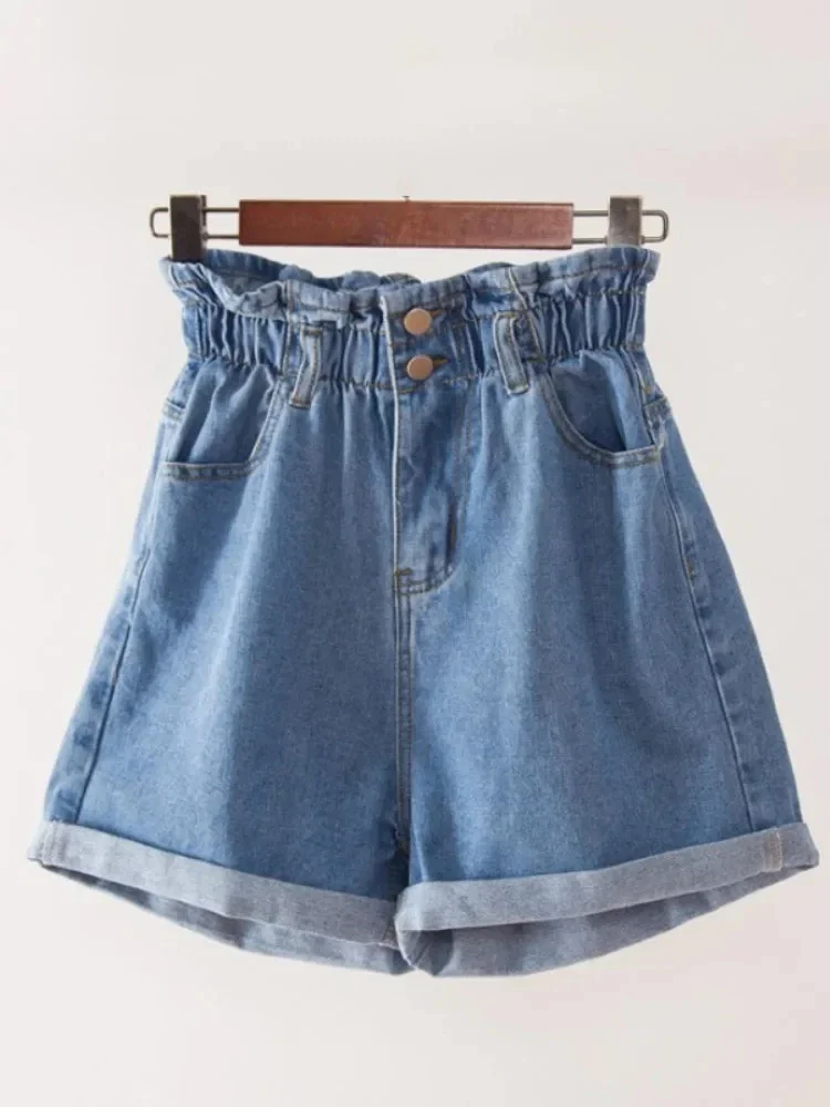 

Elastic High Waisted Denim Shorts for Black Women in S-5XL Sizes with Ruffled Harem Style in White and Blue - Female Short Jeans