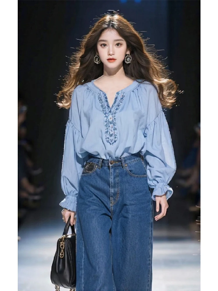 

Sli Blue irt Ele Faionable Women's Clothing Spring 2024 New Arrival Ele Aosphere Brand Button up Top