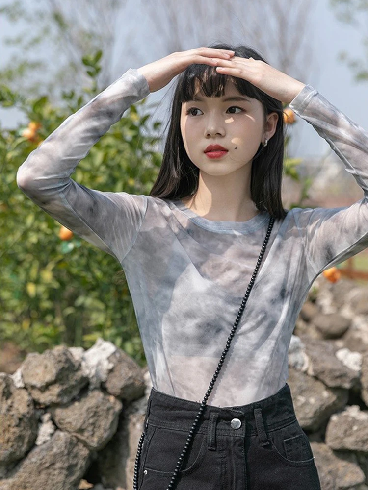 Summer Long Sleeve Printed Mesh Base Shirt Tie Dye Thin Transparent Sun Protection Cover up Top Korean Style Commute Workwear