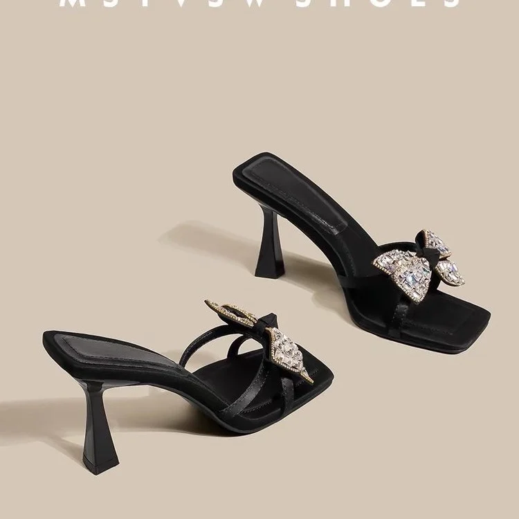 

Black Square-Toe Summer Sandals for Women 2026 New Thin-Heeled High Heels with Stunning Rhinestone One-Strap Design