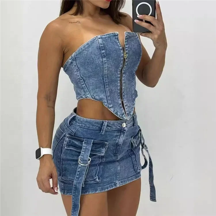 Fashion Denim Women's Set Zip Up Crop Top and Strap Pockets Skirts Street Two 2 Piece Sets