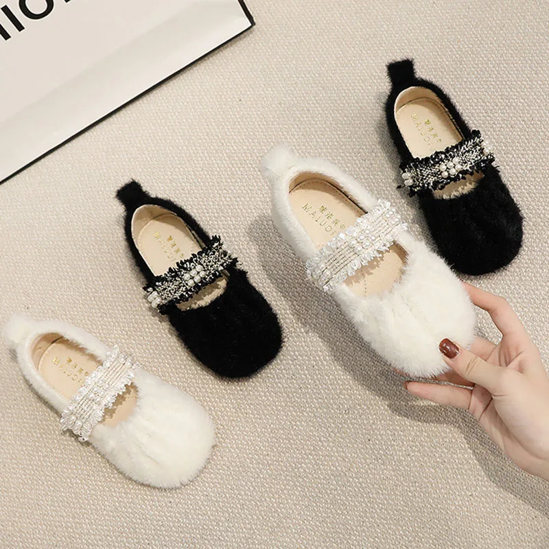 Girls Shoes Winter Toddler Kids Fashion Brand Princess Mary Jane Dance Party Flats Ballet Children Pearls Warm Fur Soft Sole