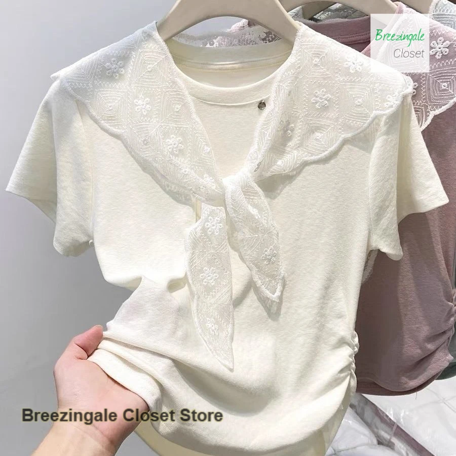 

Summer shoulder lace shawl T-shirt T-shirt short sleeve Korean new fashion temperament pleated waist short casual jacket suit