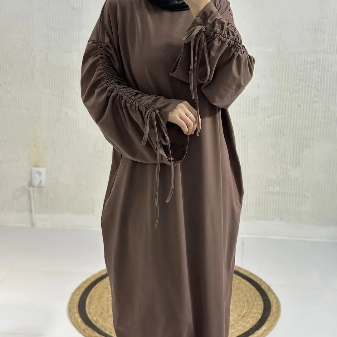 Dubai Turkey Cuff Drawstring Dress Muslim Women New Middle East Robe Abaya High Waist Long Loose Maxi Dress