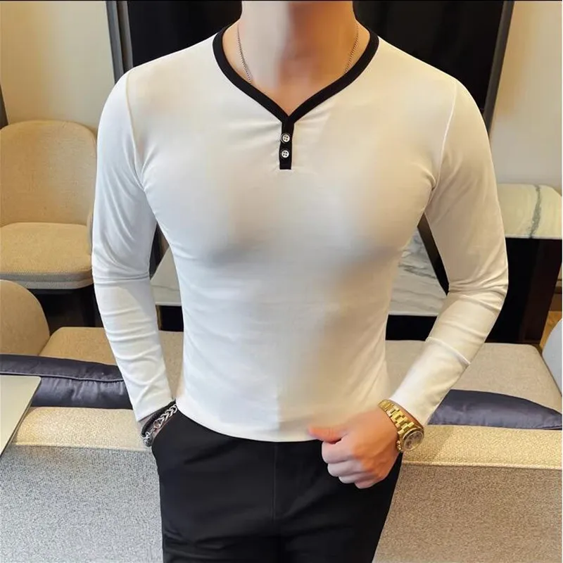 

2025 Mens V Neck Button Long Sleeves T Shirt Autumn New Solid Color Fashion Slim Fit Casual T-Shirt Men's Clothing 4XL-M