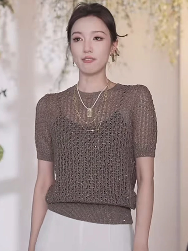 

Comfortable Lazy Sle Women's Knitwear ort Sve Hollow out Faionable Summer Gentle lectual Casual Loose Fit