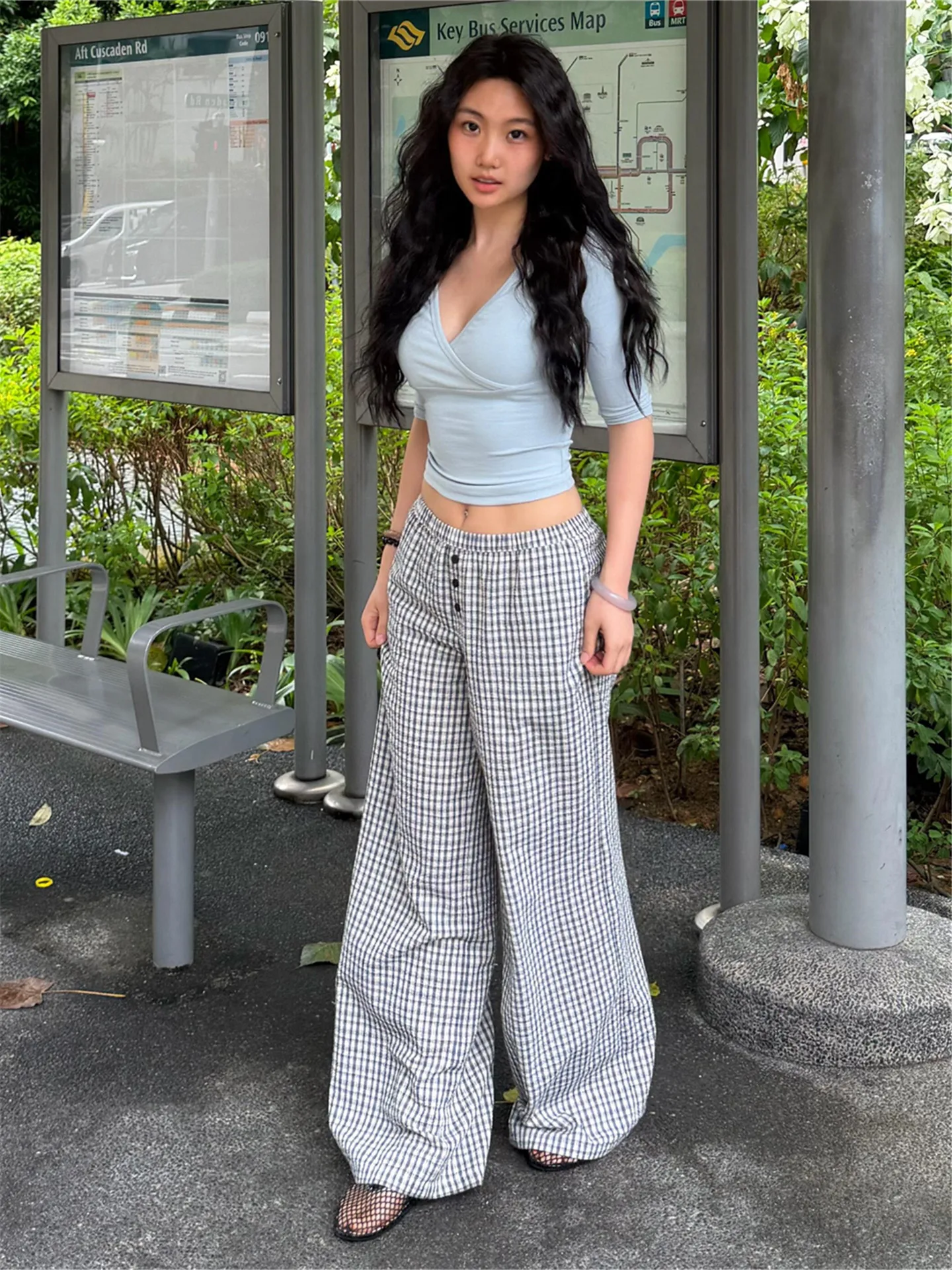 

American Street Style Plaid Wide Leg Casual Pants Women Summer Thin Loose Slimming Tall Extended Length Hot Girl Floor Length...