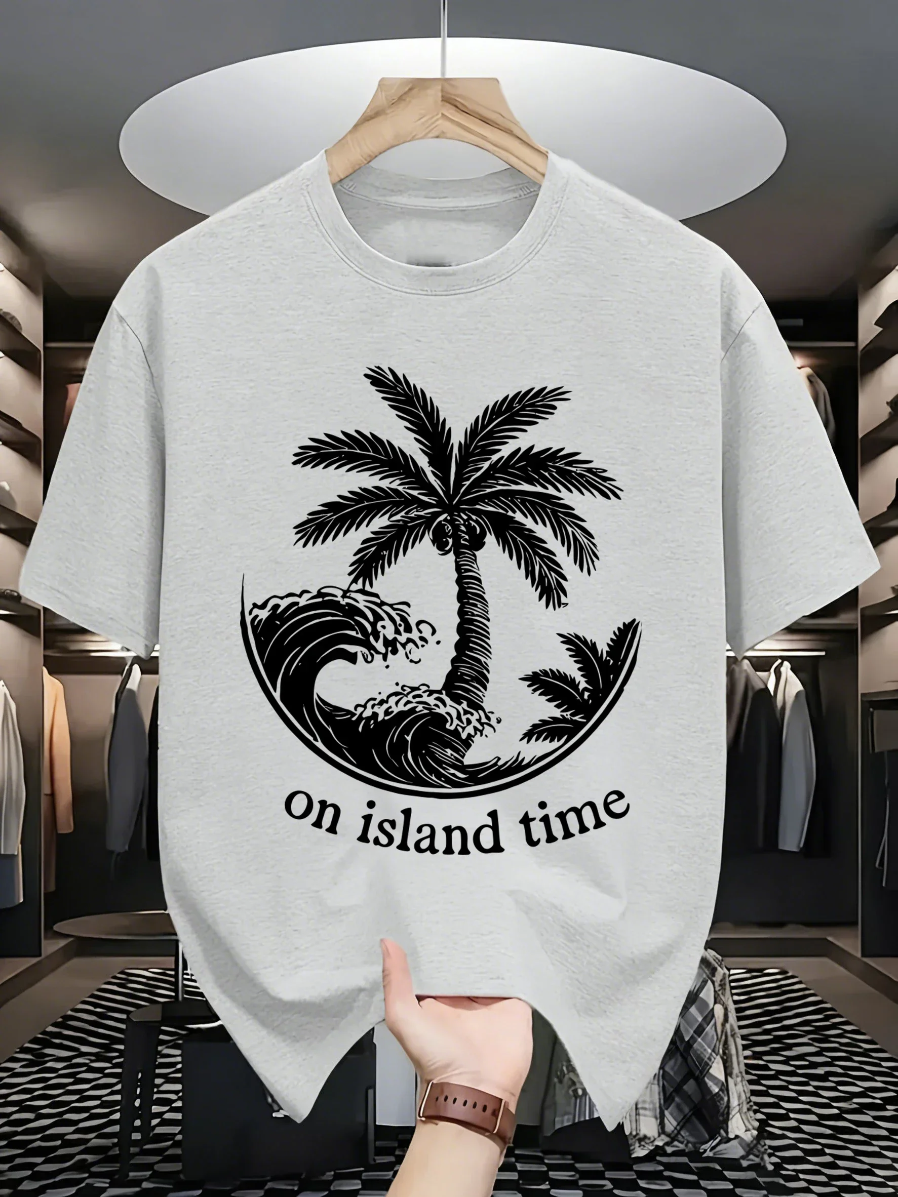 Spending Time On The Island Print Men T-Shirts Cotton Crewneck Short Sleeve Trendy Loose Streetwear All-Match Summer Clothes