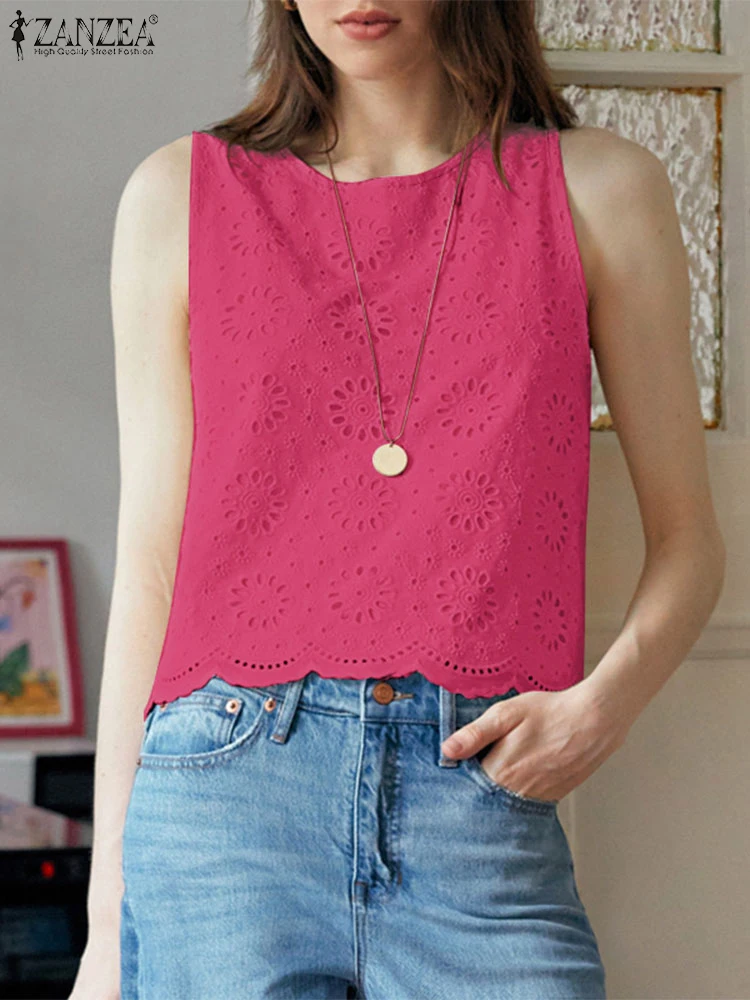 

ZANZEA 2025 Summer Fashion Solid Camis Bohemian Openwork Lace Patchwork O-Neck Sleeveless T-Shirts Day Wear Woman Tank Tops