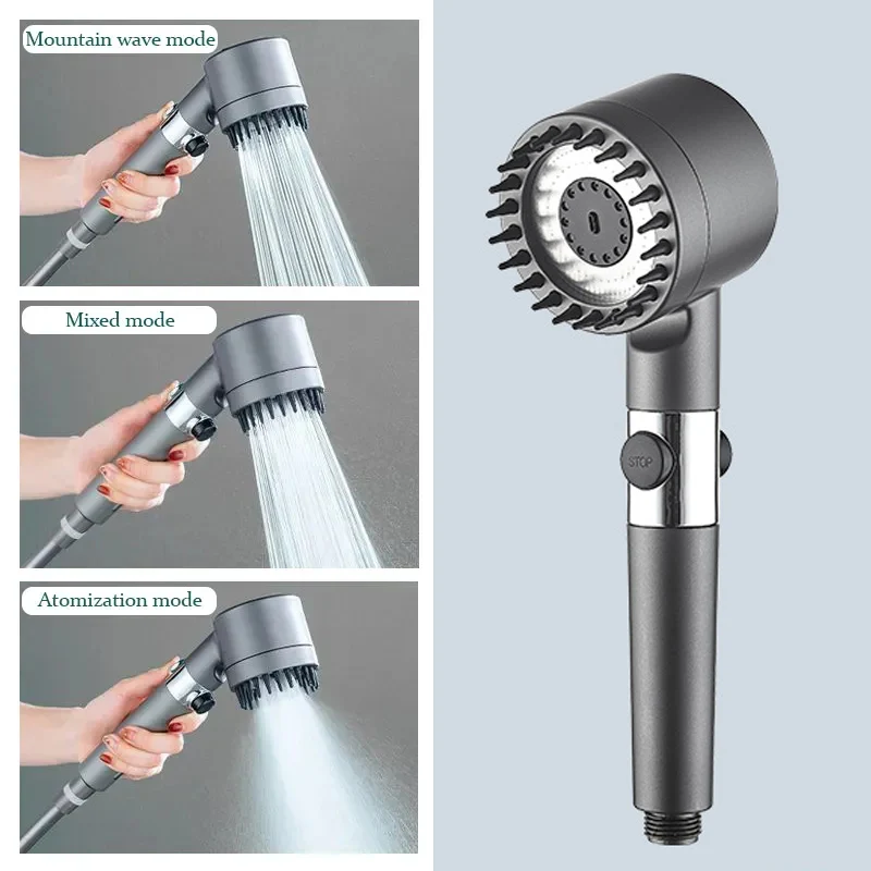 Hochdruck-Duschkopf, 3-Modus, verstellbare Duschen mit Massagebürste, wassersparender Filter, SPA-Duschkopf, Badezimmerzubehör – Detail 5