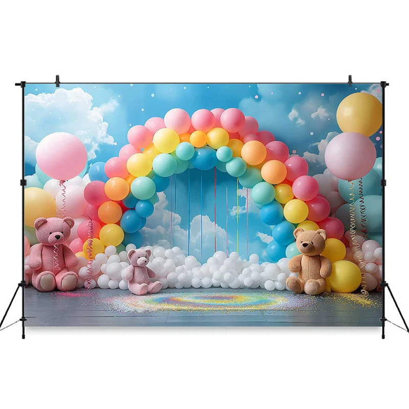 สายรุ้งหมีการถ่ายภาพฉากหลังBluey Skyเมฆสีขาวลูกโป่งที่มีสีสันพื้นหลังเด็กวันเกิดDecor Photo Studio