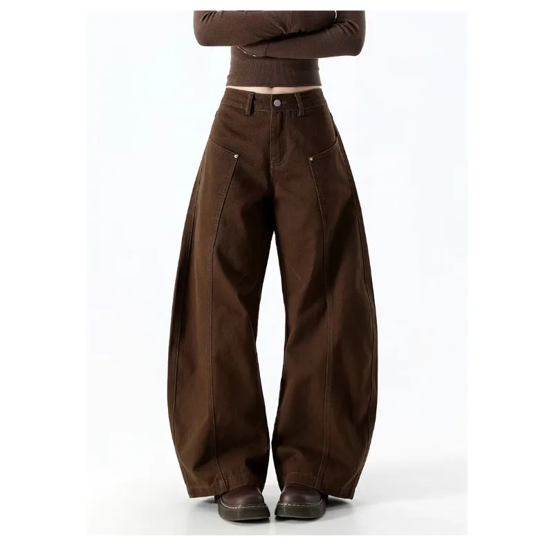 2026 Japanese Y2K Style Vintage Brown Patchwork Baggy Women's Jeans Pants Wide Leg Woman Clothing Casual Cotton Long Trousers