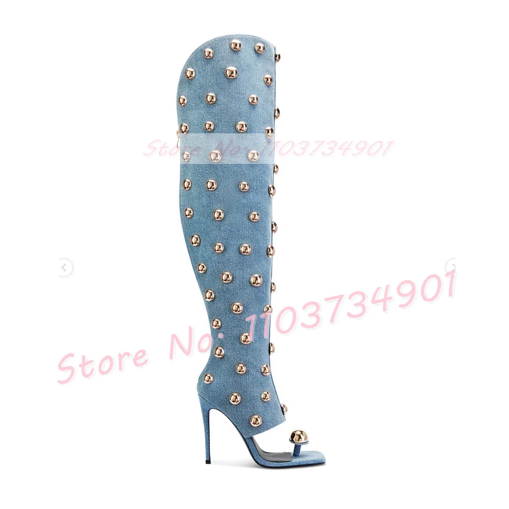 

Metal Rivet Hollow Flip Flops Denim Boots Women Zipper Over Knee High Square Open Toe Shoes Female Fashion Punk High Heels Boots