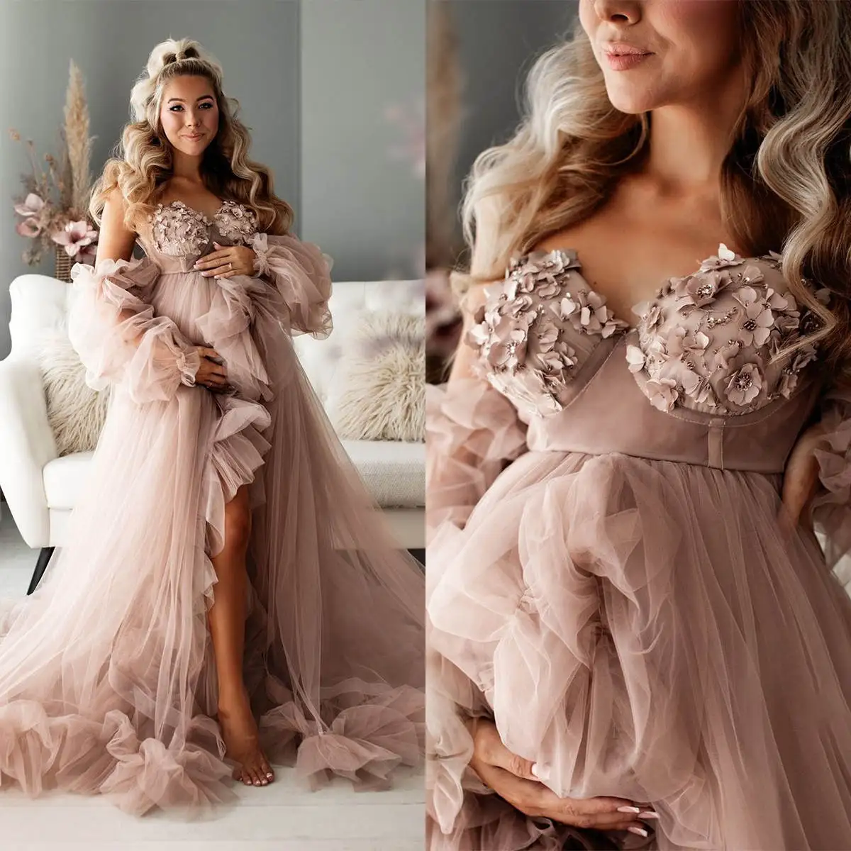 

Maternity Dresses for Photo Shoot Ruffles Appliques Sleeveless Bridal Prom Gown Women Pregnant Robe Túnica Materna Custom Made