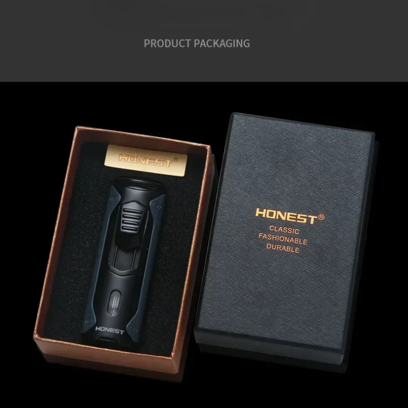 HONEST Multifunctional Outdoor Turbo 4 Torch Blue Flame Metal Windproof Butane Gas Cigar Lighter Cigar Cutter Gift for Men