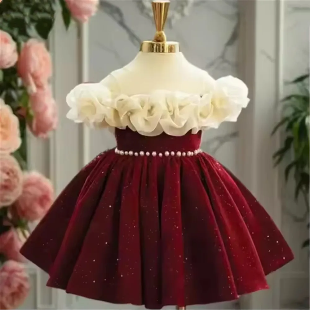 

Elegant Velvet Flower Girl Wedding Dress Off Shoulder Pearls Girl Princess Birthday Party Dress Host Piano Performance Costume