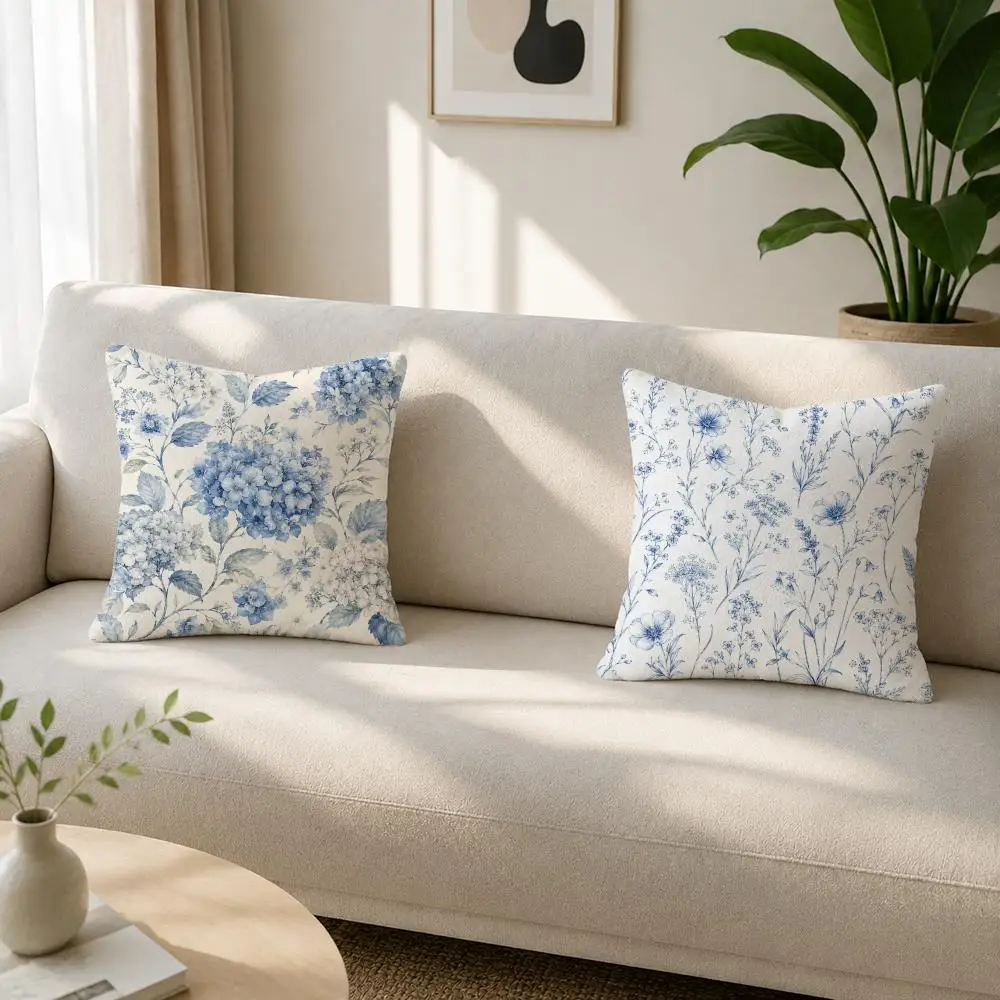 Minimal Blue Flower Pattern Cushion Cover Soft Plush Cushion Covers Fluffy Throw Pillow Cases for Sofa Bedroom Home Decor