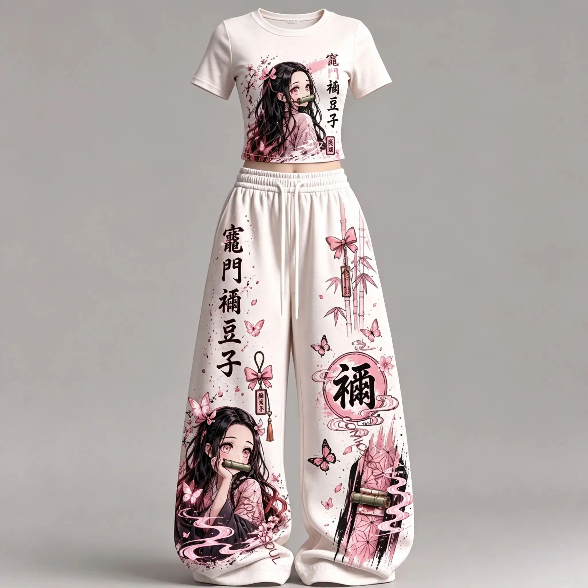 Demon Slayer Herbst-Print 2-teiliges Outfit Y2K Streetwear T-Shirt + Hose mit weitem Bein Set Lässige Sportbekleidung Trainingsanzug für Erwachsene und Kinder – Detail 5