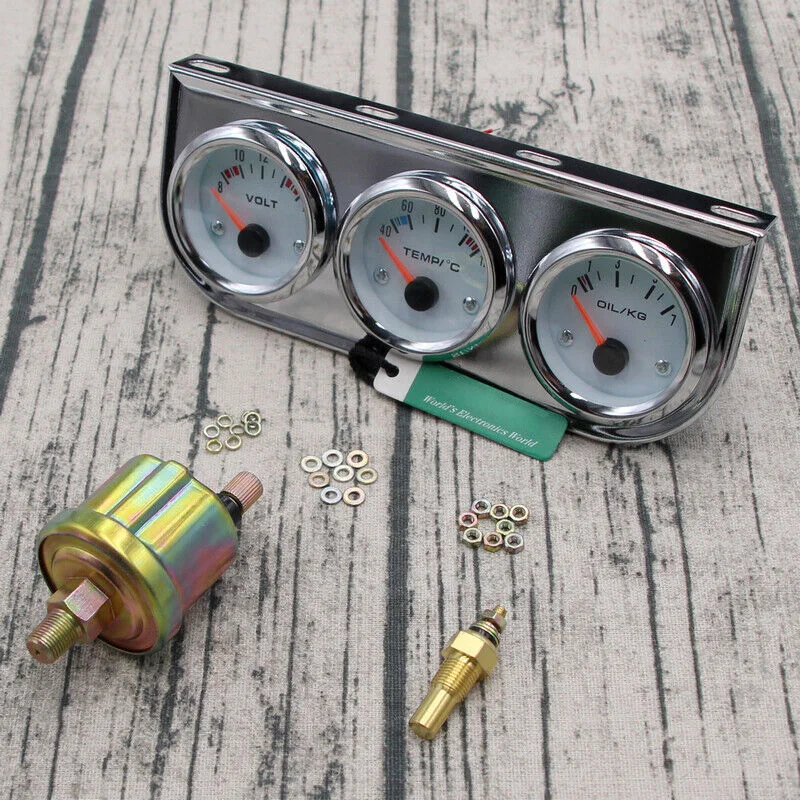 52mm Triple Gauge Kit 3in1 Volt Meter Water Temp Oil Pressure Car Meter Chrome