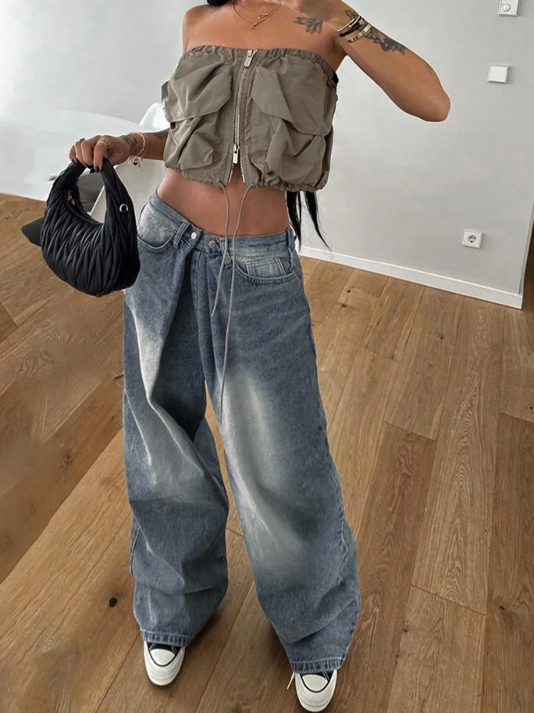 Deeptown Y2k 90s Vintage Streetwear Low Waist Cargo Pants American Retro Fashion Casual Baggy Oversized Denim Trousers 2024 Chic