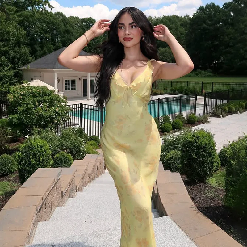 Retro V Neck Dress Yellow Sleeveless Flower Print Maxi Long Dress Ruffle High Waist Slim Dresses Elegant Holiday Party Vestidos