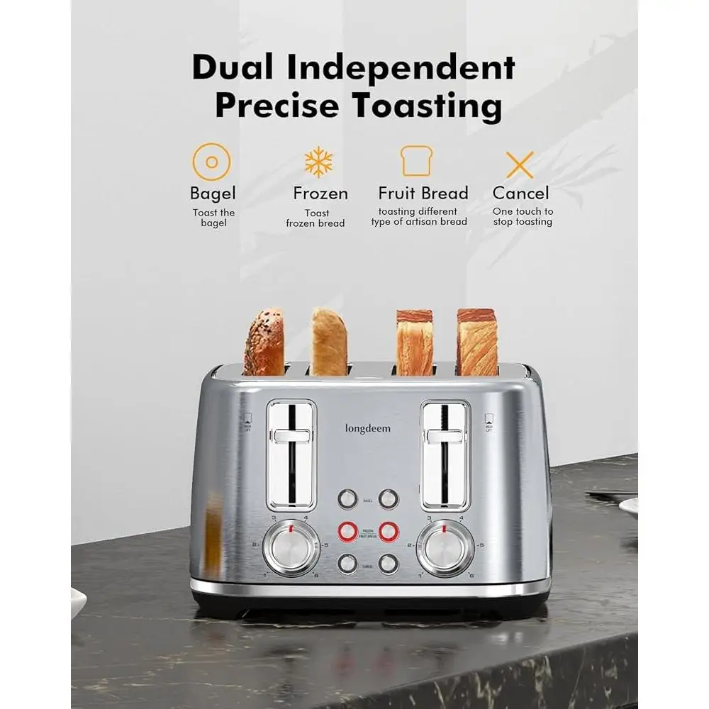 Retro 4 Slice Toaster Wide Slots Removable Crumb Tray 6 Browning Options Auto Shut Off Frozen Function Kitchen Essential
