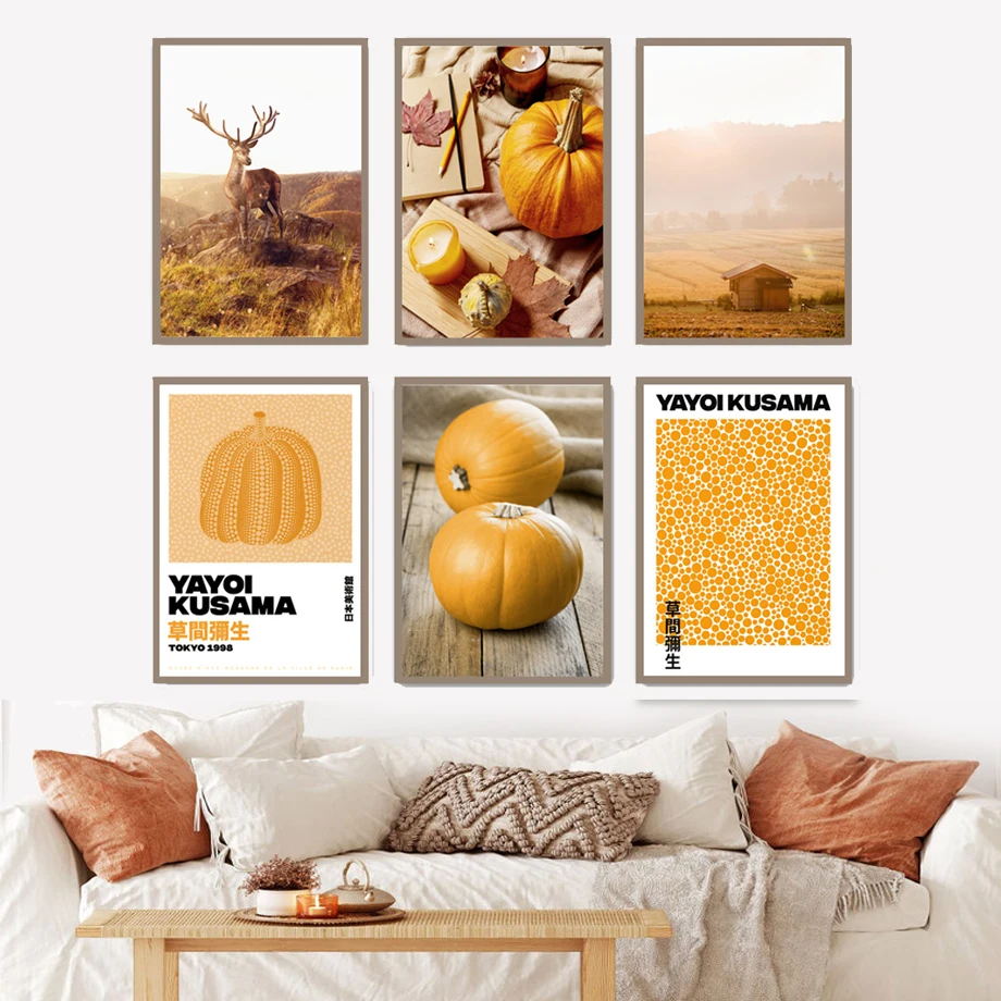 

Rural Field Lake Deer Pumpkin Yayoi Kusama Wall Art Canvas Painting Nordic Posters And Print Home Decor Pictures For Living Room