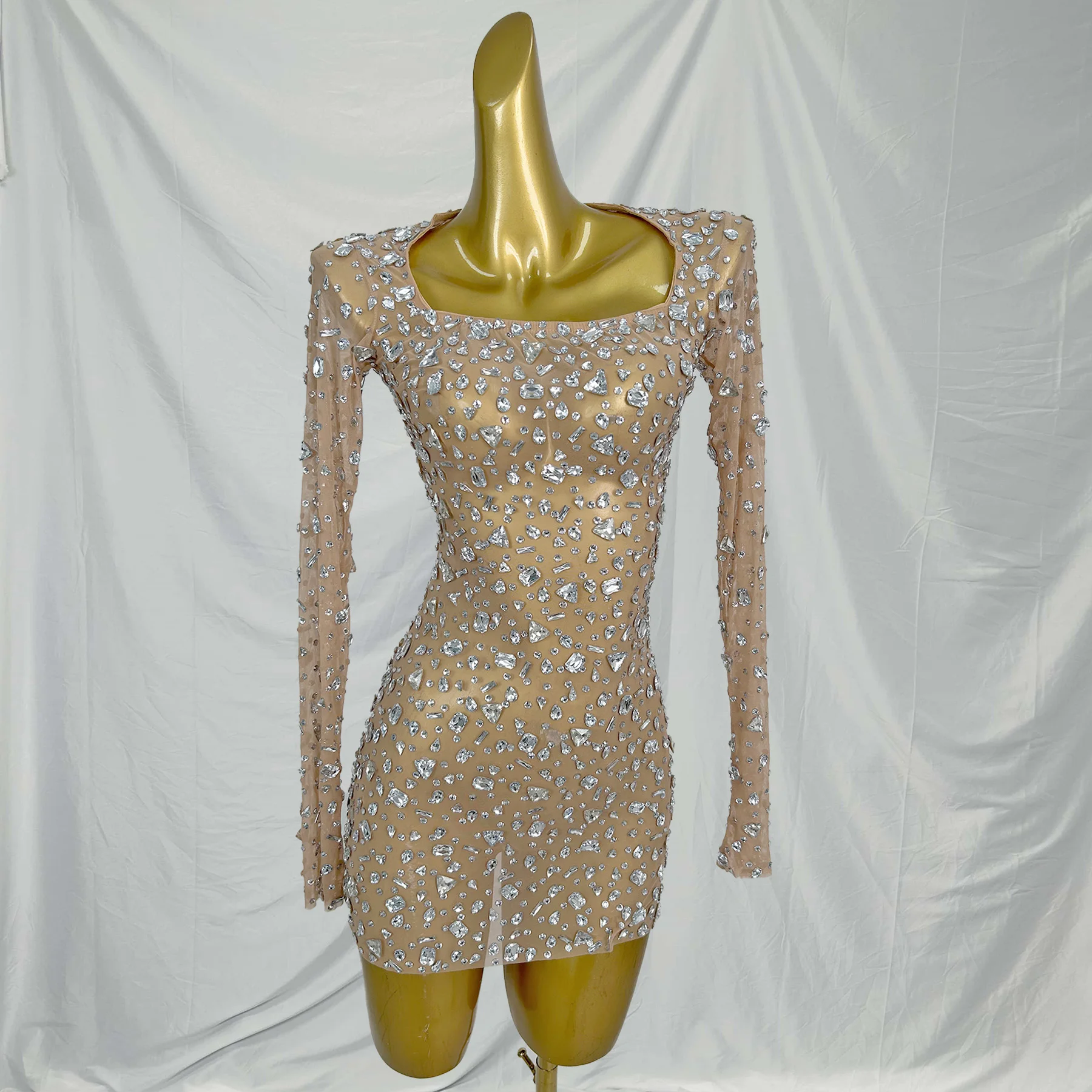 Sexy Long Sleeves Square Collar Night Club Party Banquet Mini Dress Cocktail Crystal Prom Sheath Dress Female Stripper Outfits