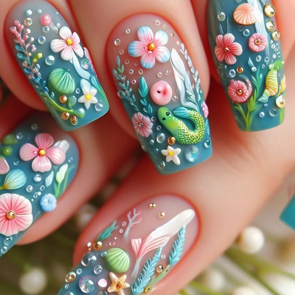 Sea Press on Nails Flower Design Ballet False Nail Snake Press on Nails 3D Full Cover Manicure Tips Datachable Fake Nails Set