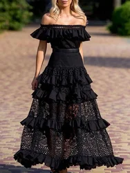 Black Long Dress Elegant One-Shoulder Solid Ruffle Long Evening Dress Summer Elegant Sleeveless Lace Hollow Party Sexy Dress