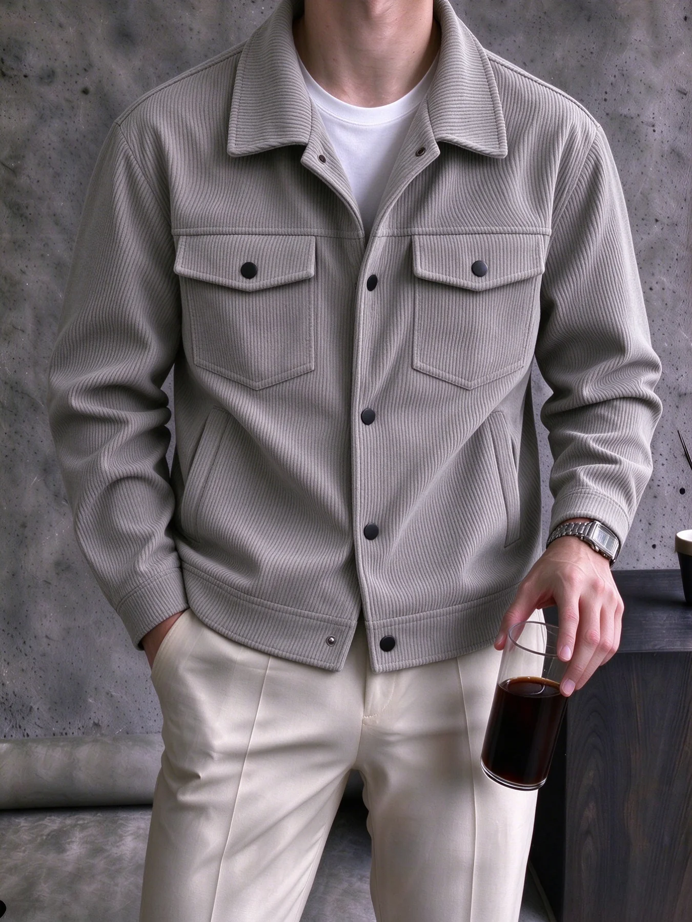 Men's Lapel Button Jacket, Solid Vertical Texture Casual Trucker Coat, Long Sleeve Chest Pocket Outerwear For Daily Wear