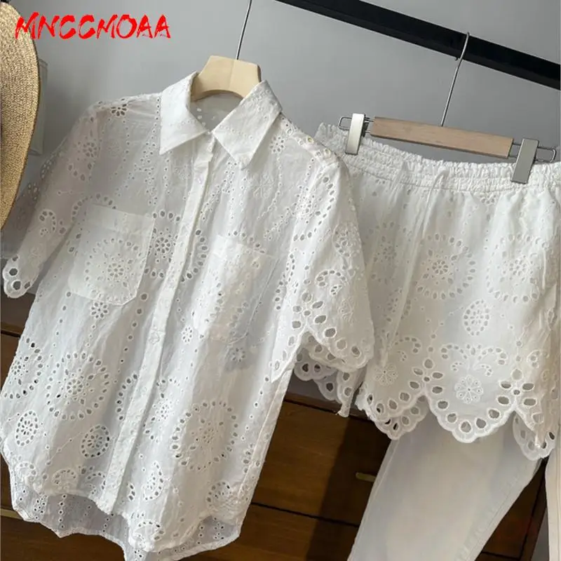 

MNCCMOAA-Women's Vintage Embroidery Short Sleeve Polo Shirt and Mid Waist Shorts Set, Summer Fashion, Hollow Out, Female, 2024