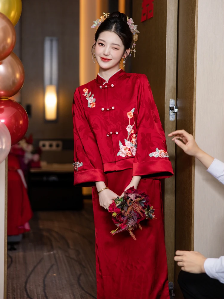 

Red Wedding Dr Set New Chinese Sle Bride Gown for Return Trip to Brideom's House And Toasting Ceremony