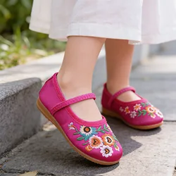 Chinese Style Girls Embroidered Shoes for 1-12Yrs Kids Flower Floral HanFu Shoes Children Soft Rubber Traditional Cloth Shoes