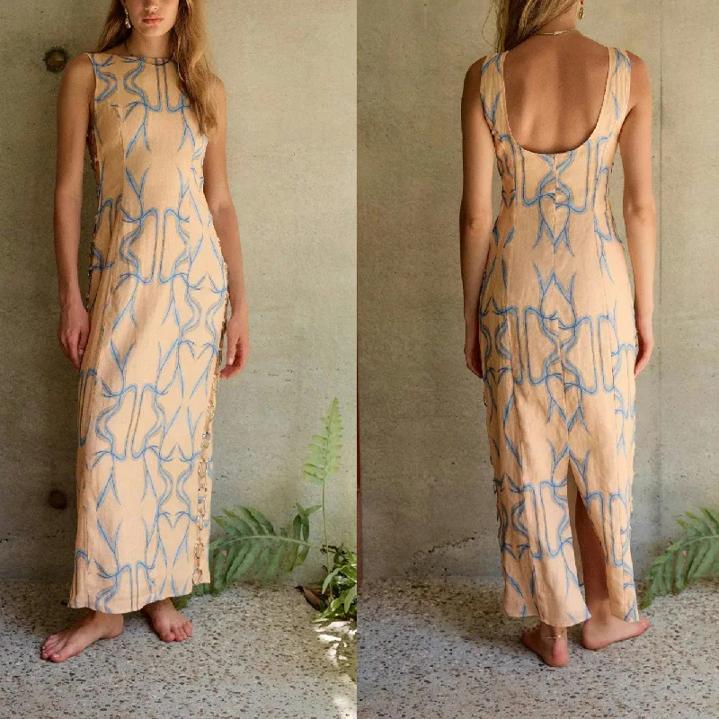

Sleeveless Iron Hoop Dress for Women, Printed Cotton and Linen, Sexy Decoration, Independent Station, New