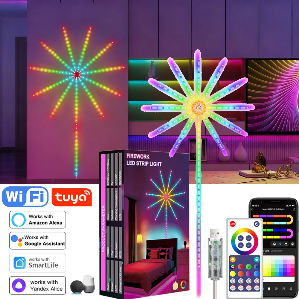 5V USB RGBlC Firework Strip Lights LED Tuya WiFi Remote Control Smart Lamp Sync Music Bedroom Decor Christmas Atmosphere Light