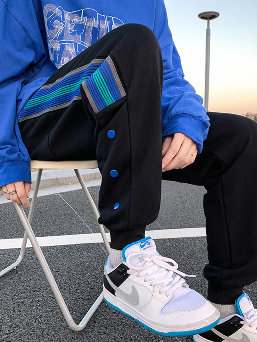 

American Sle Fce Lined Thiened Men's Winter Sport Pants Casual Brand Buttoned Striped Cuffed Leisure Trousers