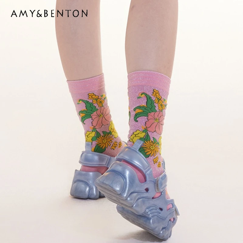 Autumn New Pink Gold and Silver Thread Women's Socks Japanese Design Cute Sweet Flower Print Versatile Mid-Calf Hosiery Ladies