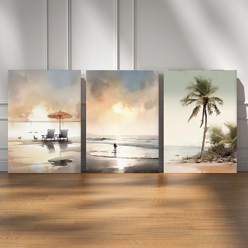 3pcs Boho Sun Lounger Abstract Beach Landscape Sea Sunset Palm Trees Canvas Painting Poster Print Home Living Room Wall Art