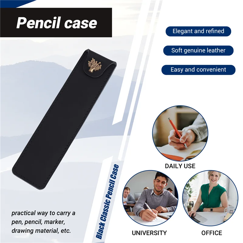 정품 가죽 펜 파우치 홀더 롤러 볼 만년필 용 스냅 버튼이있는 단일 연필 가방 펜 케이스