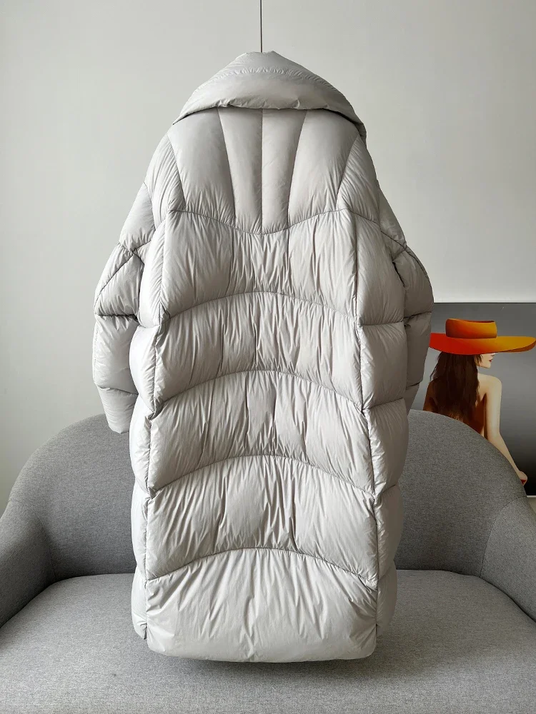 90 White Goose Down Puffs, Soft and Thickened Warm Cocoon Type, Medium and Long Loose Coat for Women