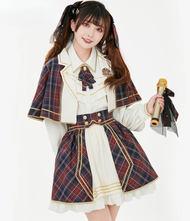 

Song-Promotion Costume Lolita Girl Womens Long Sleeve Shirt Plaid Short Cape Coat Skirt Team Skirt Suit JK Uniform Stage Outfits