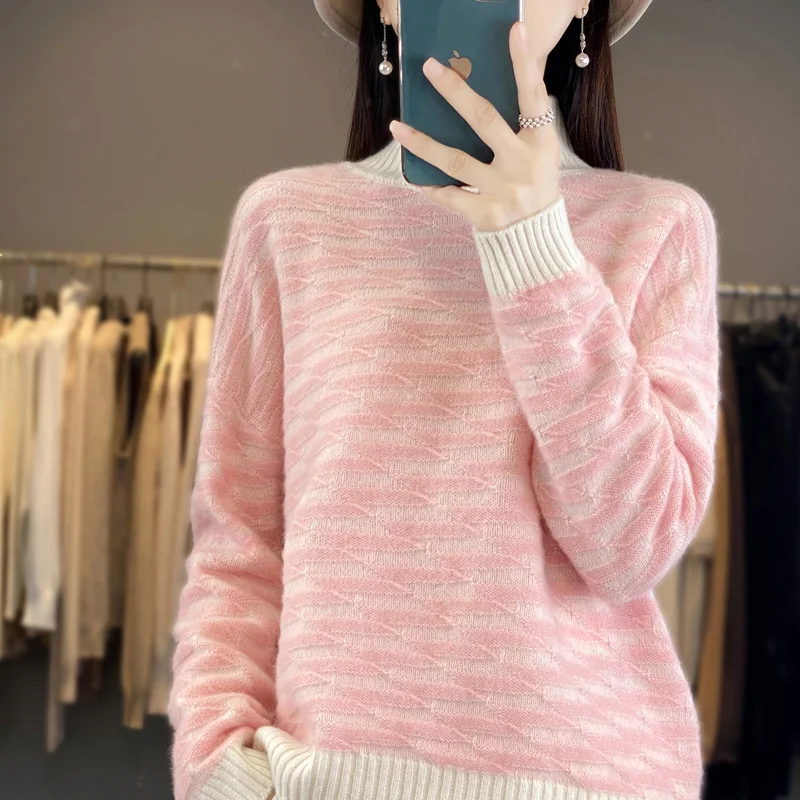 2023 Autumn and Winter New Women's Half High Neck 100% Wool Cashmere Sweater Casual Knit Pullover Korean Fashion Color Block Top